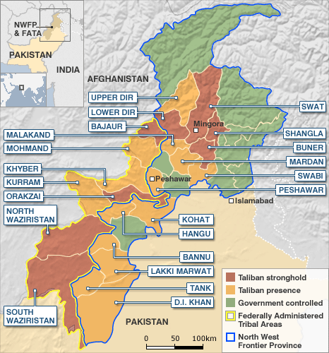 L'influenza dei Talebani sulle FATA nel 2009. Image credit: BBC